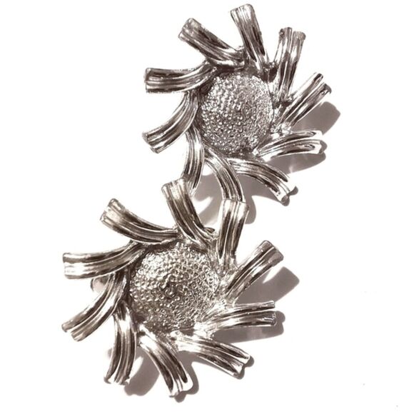 Coro Vintage Silver Tone Starburst Clip Earrings Mid Century Design - Picture 2 of 5